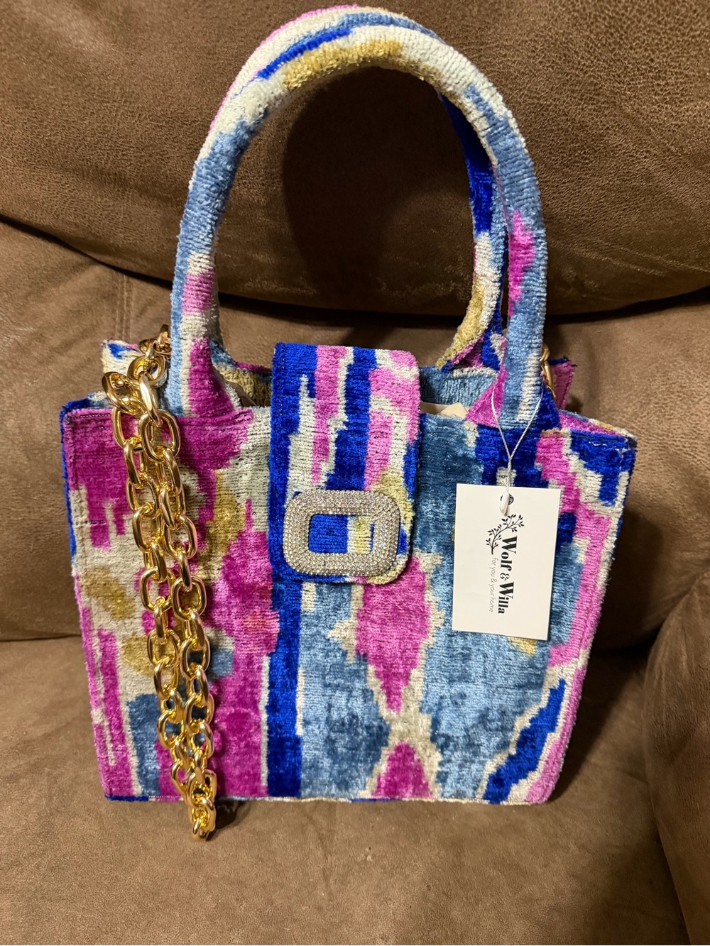 Wolf & Willa Multicolor Velvet Tote with Gold Chain